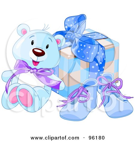 Royalty-Free (RF) Clipart Illustration of a Blue Teddy Bear Against A Boy's Birthday Present And Blue Shoes by Pushkin