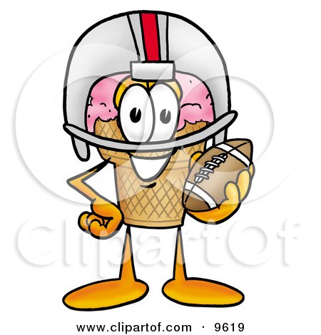 Clipart Picture of an Ice Cream Cone Mascot Cartoon Character in a Helmet, Holding a Football by Mascot Junction