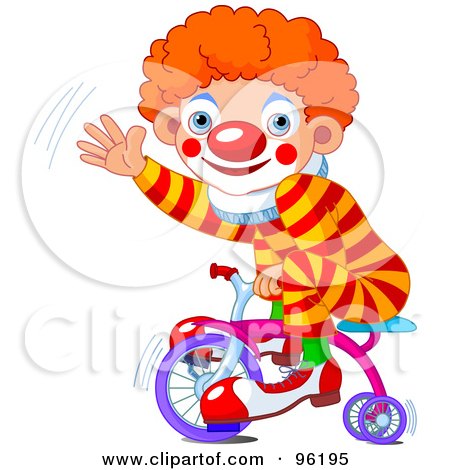 Royalty-Free (RF) Clipart Illustration of a Cute Clown Boy Riding A Trike And Waving by Pushkin