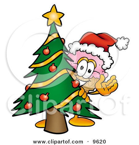 Clipart Picture of an Ice Cream Cone Mascot Cartoon Character Waving and Standing by a Decorated Christmas Tree by Mascot Junction