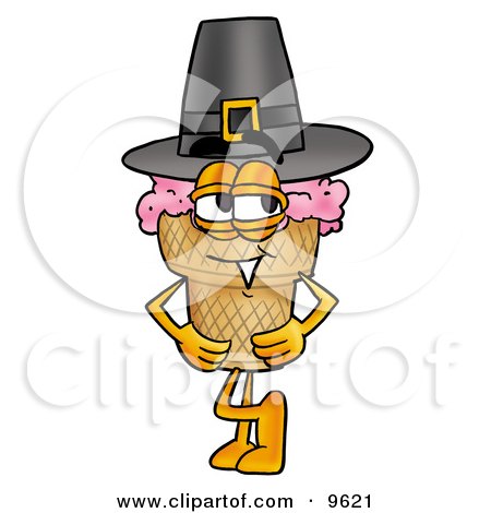 Clipart Picture of an Ice Cream Cone Mascot Cartoon Character Wearing a Pilgrim Hat on Thanksgiving by Mascot Junction