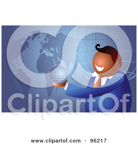 Royalty-Free (RF) Clipart Illustration of a Businessman Holding A Wire Globe Over A Blue Map by Prawny