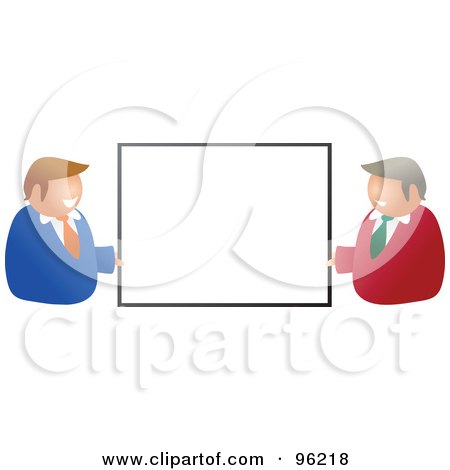 Royalty-Free (RF) Clipart Illustration of Two Happy Caucasian Businessmen Holding Up A Blank Sign by Prawny