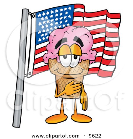 Clipart Picture of an Ice Cream Cone Mascot Cartoon Character Pledging Allegiance to an American Flag by Mascot Junction