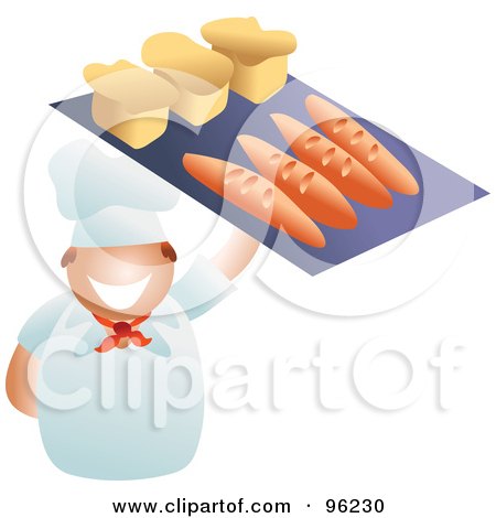 Royalty-Free (RF) Clipart Illustration of a Friendly Baker Holding Up A Tray Of Breads And Loaves by Prawny