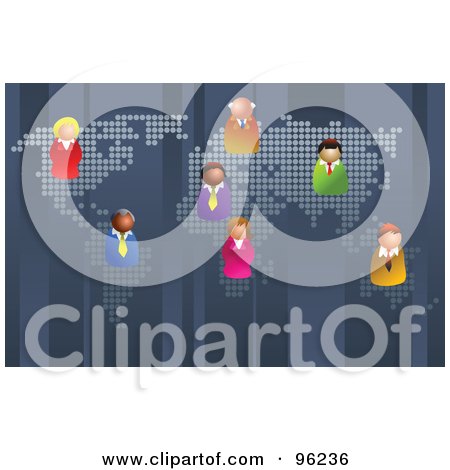 Royalty-Free (RF) Clipart Illustration of a Team Of Business People Scattered On A World Map by Prawny