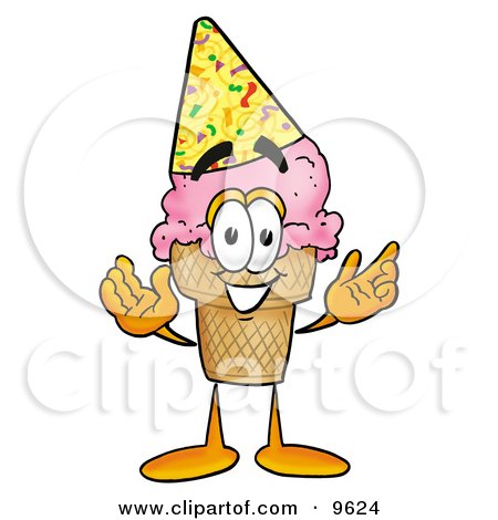 Clipart Picture of an Ice Cream Cone Mascot Cartoon Character Wearing a Birthday Party Hat by Mascot Junction