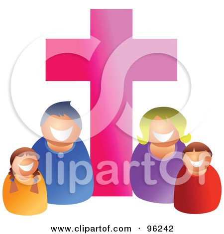 Royalty-Free (RF) Clipart Illustration of a Happy Caucasian Christian Family Under A Pink Cross by Prawny