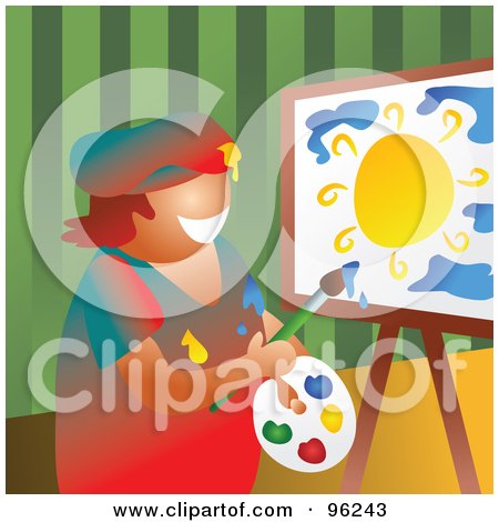 Royalty-Free (RF) Clipart Illustration of a Happy Artist Painting A Sun On Canvas by Prawny