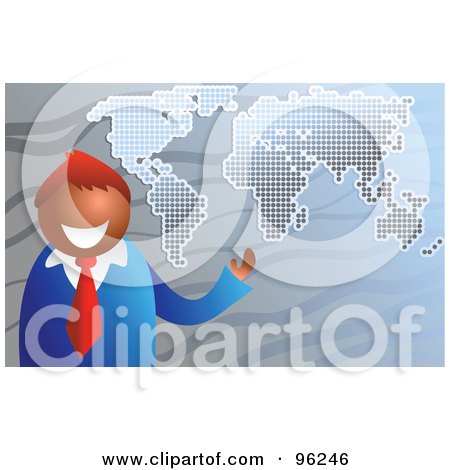 Royalty-Free (RF) Clipart Illustration of a Businessman Gesturing And Standing In Front Of A Gray Map by Prawny