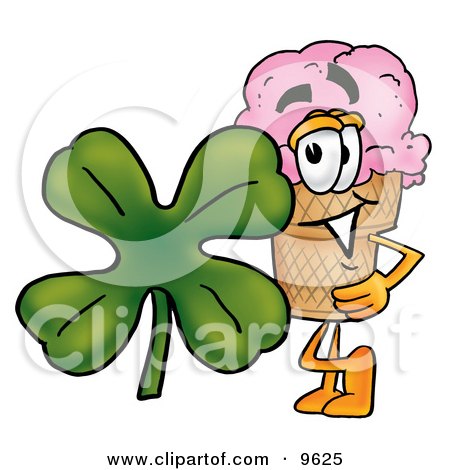 Clipart Picture of an Ice Cream Cone Mascot Cartoon Character With a Green Four Leaf Clover on St Paddy's or St Patricks Day by Mascot Junction