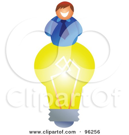 Royalty-Free (RF) Clipart Illustration of a Happy Creative Businessman On Top Of A Yellow Light Bulb by Prawny