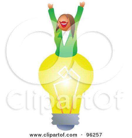 Royalty-Free (RF) Clipart Illustration of a Happy Creative Businesswoman On Top Of A Yellow Light Bulb by Prawny