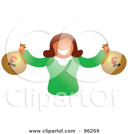 Royalty-Free (RF) Clipart Illustration of a Happy Woman Holding Two Bags Of Euro Money by Prawny