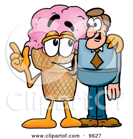Clipart Picture of an Ice Cream Cone Mascot Cartoon Character Talking to a Business Man by Mascot Junction