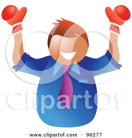 Royalty-Free (RF) Clipart Illustration of a Champion Businessman Smiling And Holding Up Boxing Gloves by Prawny