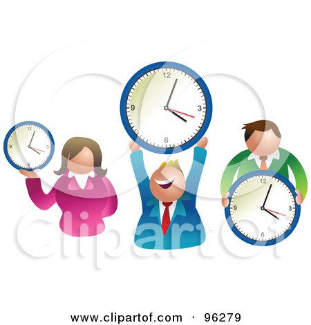 Royalty-Free (RF) Clipart Illustration of a Happy Businses Team Holding Round Clocks by Prawny