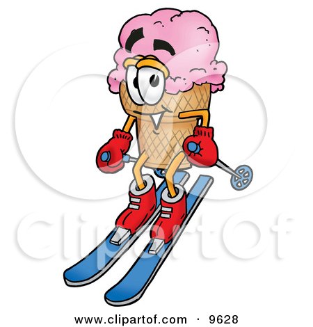 Clipart Picture of an Ice Cream Cone Mascot Cartoon Character Skiing Downhill by Mascot Junction
