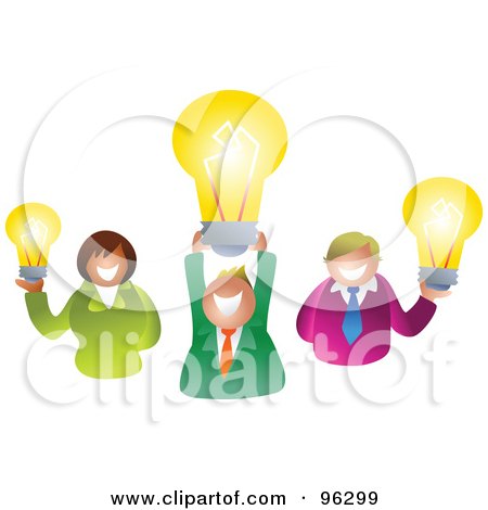 Royalty-Free (RF) Clipart Illustration of a Creative Business Team Smiling And Holding Up Light Bulbs by Prawny