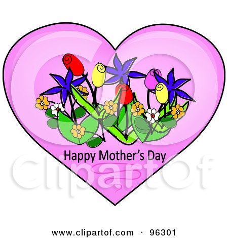 Royalty-Free (RF) Clipart Illustration of Spring Flowers And Happy Mother's Day Text In A Pink Heart by Pams Clipart