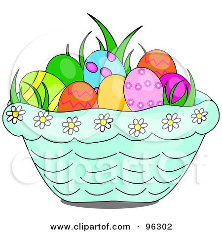 Royalty-Free (RF) Clipart Illustration of Grass And Easter Eggs In A Blue Daisy Basket by Pams Clipart