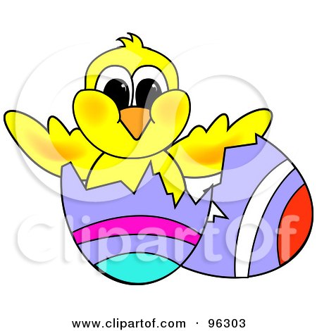Royalty-Free (RF) Clipart Illustration of a Yellow Hatching Chick In A Purple Easter Egg With Painted Lines by Pams Clipart