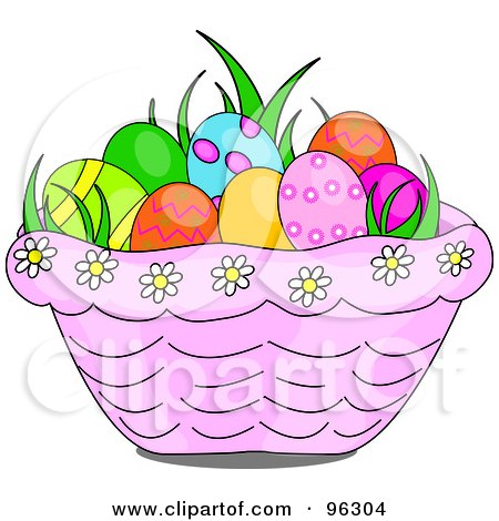 Royalty-Free (RF) Clipart Illustration of Grass And Easter Eggs In A Pink Daisy Basket by Pams Clipart