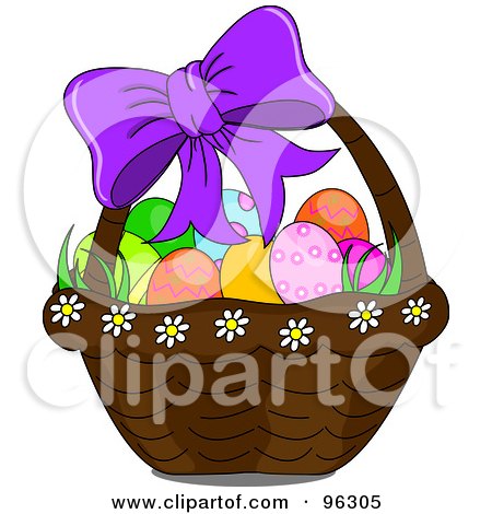 Royalty-Free (RF) Clipart Illustration of a Purple Bow On A Basket Of Easter Eggs by Pams Clipart
