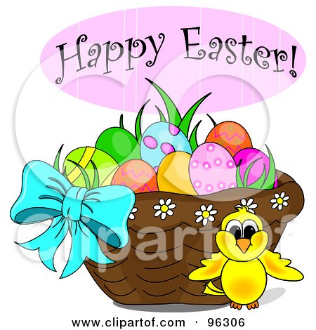 Royalty-Free (RF) Clipart Illustration of a Happy Easter Greeting Over A Chick And Easter Basket by Pams Clipart