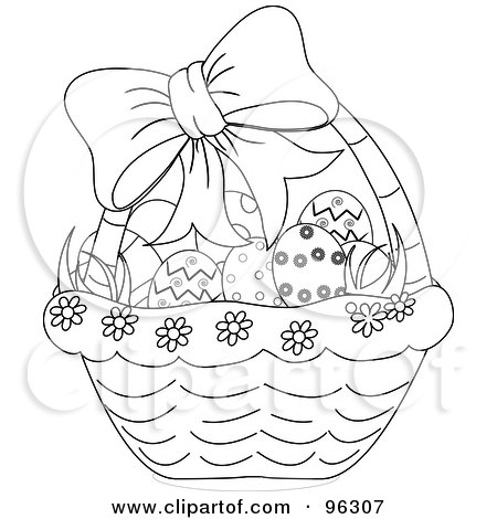 Royalty-Free (RF) Clipart Illustration of an Outlined Bow On A Basket With Grass And Easter Eggs by Pams Clipart