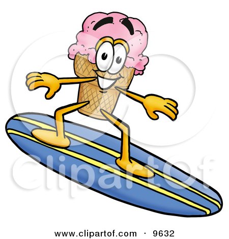 Clipart Picture of an Ice Cream Cone Mascot Cartoon Character Surfing on a Blue and Yellow Surfboard by Mascot Junction