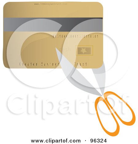 Royalty-Free (RF) Clipart Illustration of Scissors Cutting A Gold Credit Card by Rasmussen Images