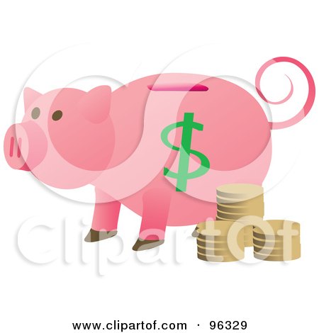 Royalty-Free (RF) Clipart Illustration of a Pink Piggy Bank With Coins And A Curly Tail by Rasmussen Images