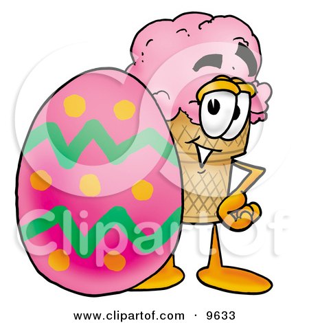 Clipart Picture of an Ice Cream Cone Mascot Cartoon Character Standing Beside an Easter Egg by Mascot Junction