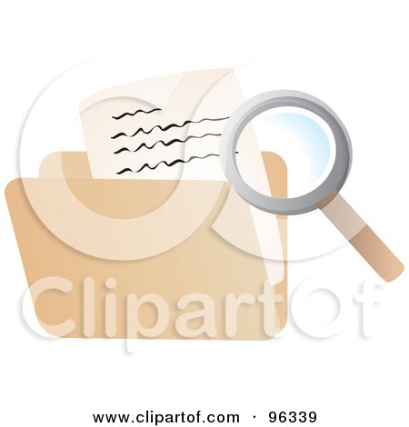 Royalty-Free (RF) Clipart Illustration of a Magnifying Glass Searching A File by Rasmussen Images