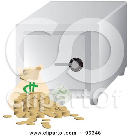 Royalty-Free (RF) Clipart Illustration of a Money Bag, Coins And Cash By A Cubic Personal Safe by Rasmussen Images