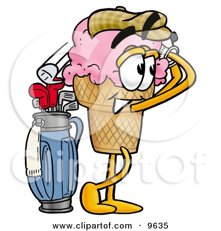Clipart Picture of an Ice Cream Cone Mascot Cartoon Character Swinging His Golf Club While Golfing by Mascot Junction