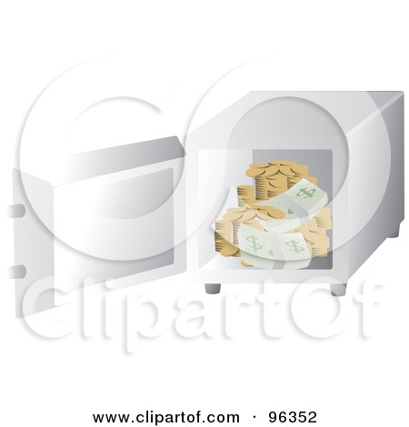 Royalty-Free (RF) Clipart Illustration of a Cubic Personal Safe Open With Coins And Cash Inside by Rasmussen Images