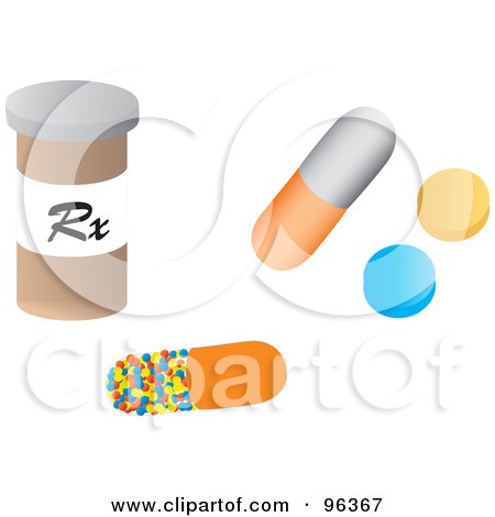 Royalty-Free (RF) Clipart Illustration of a Digital Collage Of A Prescription Pill Bottle With Pills by Rasmussen Images