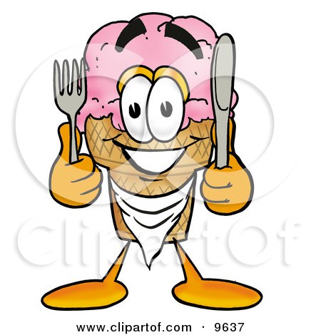 Clipart Picture of an Ice Cream Cone Mascot Cartoon Character Holding a Knife and Fork by Mascot Junction