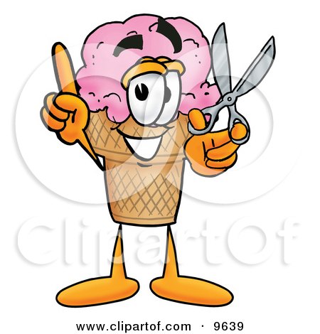 Clipart Picture of an Ice Cream Cone Mascot Cartoon Character Holding a Pair of Scissors by Mascot Junction