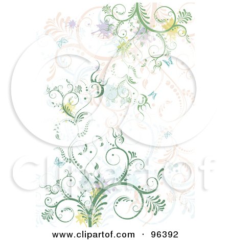 Royalty-Free (RF) Clipart Illustration of a Background Of Green, Blue And Pink Vines With Splatters And Butterflies Over White by MilsiArt