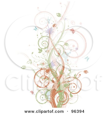 Royalty-Free (RF) Clipart Illustration of a Background Of Brown, Green And Pink Vines, Splatters And Butterflies Over White by MilsiArt