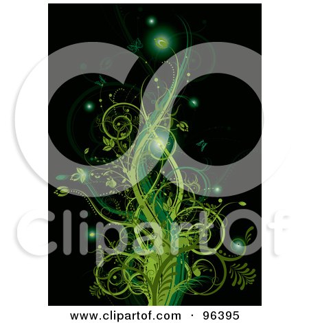 Royalty-Free (RF) Clipart Illustration of a Background Of Glowing Floral Green Vines With Butterflies On Black by MilsiArt