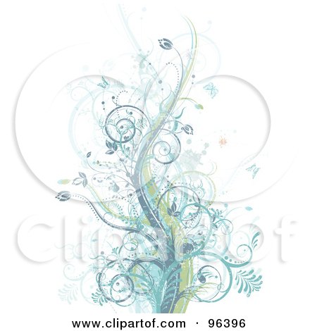 Royalty-Free (RF) Clipart Illustration of a Background Of Grungy Pastel Blue, Purple And Green Vines With Splatters And Butterflies by MilsiArt