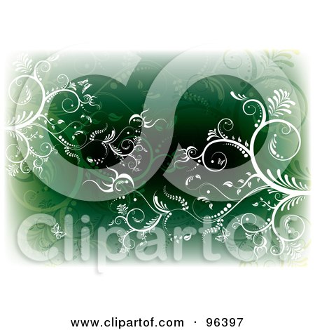 Royalty-Free (RF) Clipart Illustration of a Background Of White And Green Ornate Vines And Butterflies Over Green, With Edges Fading To White by MilsiArt