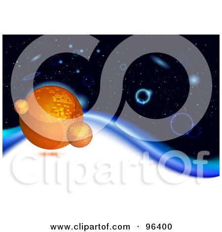 Royalty-Free (RF) Clipart Illustration of a Group Of Orange Planets In Deep Space, On A Blue Wave by MilsiArt