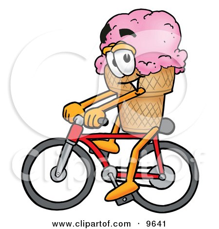 Clipart Picture of an Ice Cream Cone Mascot Cartoon Character Riding a Bicycle by Mascot Junction