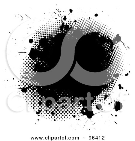 Royalty-Free (RF) Clipart Illustration of a Black Splatter Of Ink Over Halftone Dots And White by michaeltravers