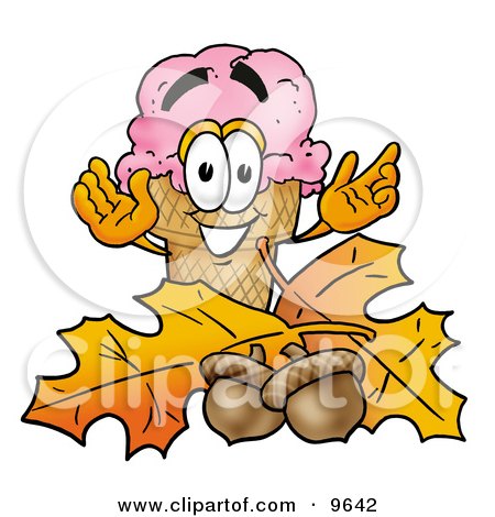 Clipart Picture of an Ice Cream Cone Mascot Cartoon Character With Autumn Leaves and Acorns in the Fall by Mascot Junction